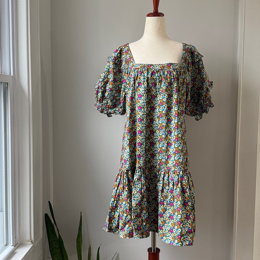 Square-Neck Puff Sleeve Mini Dress Multicolor Floral Tiered Boho Summer Medium